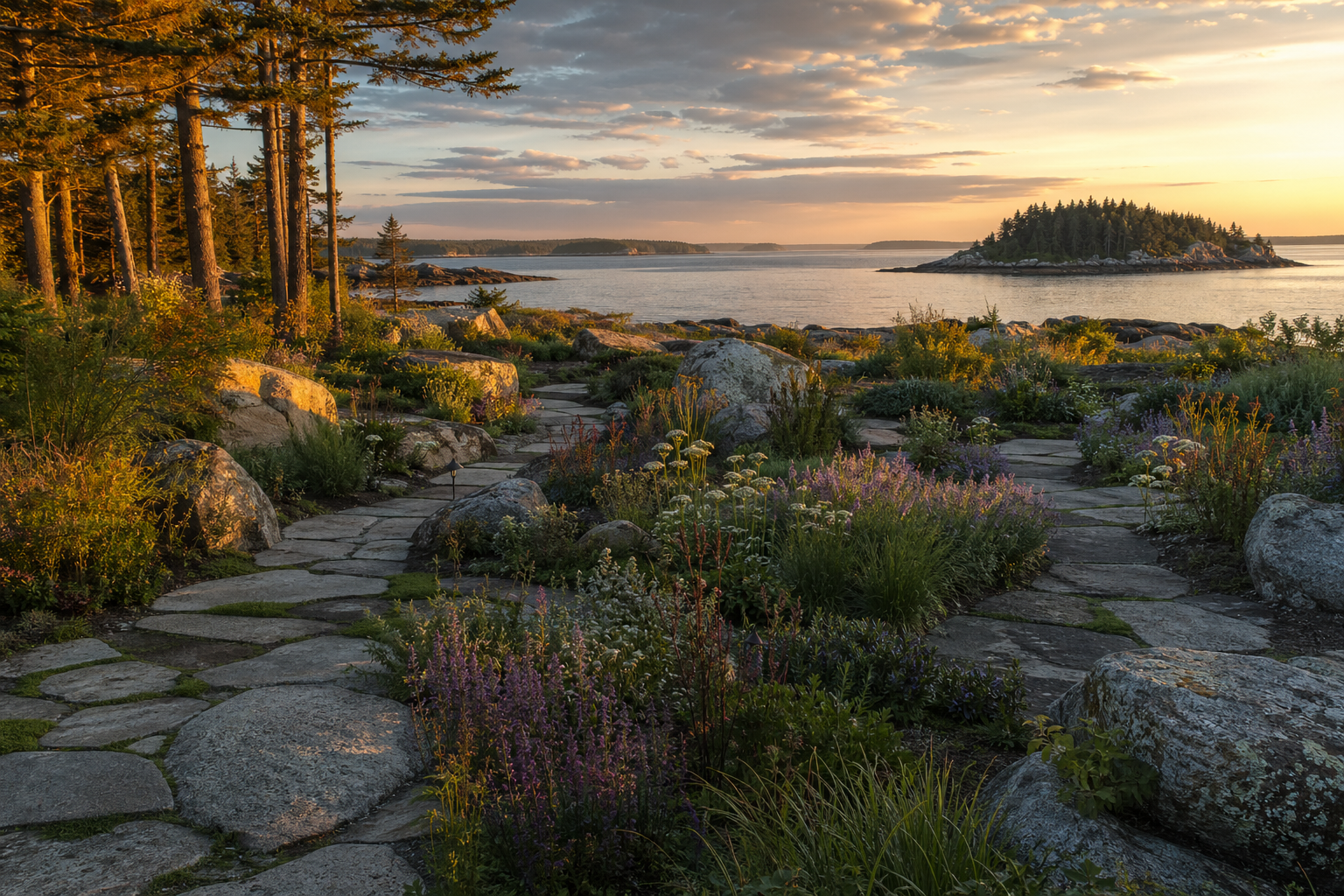 Coastal Maine landscape garden at golden hour with native plants and granite pathways